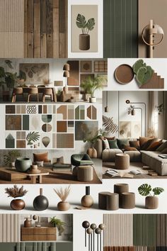 a collage of photos with different types of furniture and plants in pots on the wall