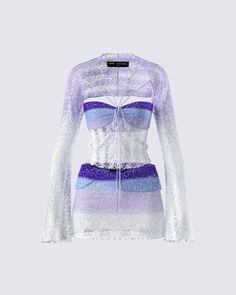 Spread a little bit of magic in this gorgeous two-piece set 💜 With a purple sequin knit top and a matching mini skirt, this look is the fairycore moment you’ve always needed in your life 🤩 Purple Kpop Outfits, Purple Top Outfit, Special Event Outfit, Purple Two Piece, Studio Choom, Sequin Knit, Purple Set, Cimorelli, Future Of Fashion