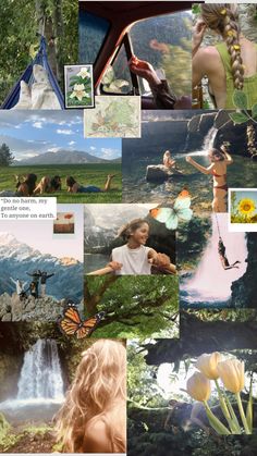 a collage of photos with flowers and people in the background, including trees, water,