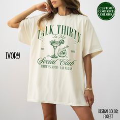 Talk Thirty To Me Shirt Custom Cocktail 30th Birthday Shirt Funny Matching 30th Birthday Party Tshirts Girls Trip Shirt 30th Birthday Gift for Her Matching Dirty 30 Shirts Girls Trip Shirts Talk 30 To Me Favors The perfect Custom Comfort Colors Talk Thirty To Me Shirt for a stylish Birthday Girl and her Birthday Crew! This Personalized Matching Talk 30 To Me Shirts makes the perfect Gift for 30th Birthday Gift. It's made from a Premium Soft Ring Spun Cotton Blend Fabric for perfect spring and su Its My 30th Birthday Shirt, Funny 30th Birthday Shirts, 30th Birthday At The Beach, Talk 30 To Me Birthday Party, Birthday Crew Shirts Ideas, 30th Birthday Shirts For Women, 30th Birthday Themes For Women, 30s Birthday, Talk 30 To Me