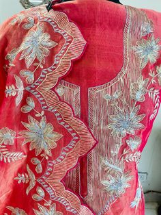 Item Overview ATHARVA Hand Woven Pure Tissue Silk Salwar Kameez/Aari Dori Embroidery/Red Tissue/Heirloom Worthy/Custom Stitch Unstitch/Wedding/Plazzo/Gift/ Designer Wear Dno. SK2011 Fabric:  * Shirt: Pure Tissue Silk - Hand Embroidery/ 2.5 Mts Beautiful Aari Dori Work * Dupatta: Pure Tissue Silk - Hand Embroidery/ 2.5 Mts Beautiful Aari Dori Work/Elegant/Tassels/ * Bottom: Pure Tissue Silk 2.5 Mts. Excusive Hand Embroidered Party Wear Punjabi Suit. Customization: * Fabrics Customization: Designs Pink Salwar Kameez With Intricate Embroidery In Tissue Silk, Intricate Multicolor Embroidered Raw Silk Anarkali Set, Transitional Raw Silk Salwar Kameez With Multicolor Embroidery, Pink Art Silk Kurta With Intricate Embroidery, Transitional Multicolor Embroidered Raw Silk Salwar Kameez, Embroidered Tussar Silk Anarkali Set For Navratri, Embroidered Tussar Silk Churidar For Diwali, Navratri Embroidered Tussar Silk Anarkali Set, Bollywood Style Embroidered Tussar Silk Kurta