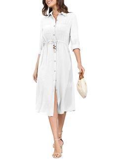 PRICES MAY VARY. Relaxed Fit: XS=US (0-2), S=US (4-6), M=US (8-10), L=US (12-14), XL=US (16-18)，XXL(20-22) Breathable Material: This long shirt dress is made from high-quality spandex, has exceptional elasticity and breathabl. It is lightweight, soft, and comfortable, making it perfect for the summer heat. Trendy Details: Features a button front closure, v-neck, middle sleeves, Irregular hem, adjustable tie for custom fit, and perfect calf-length. Casual Style: This dress exudes a boho vibe, mak V-neck Shirt Dress With Buttons, White Solid Color Shirt Dress, V-neck Solid Color Midi Dress For Daywear, Solid V-neck Midi Dress With Button Closure, Summer Mid-length Shirt Dress With Button Closure, V-neck Shirt Dress With Buttons For Vacation, Solid Maxi Dress With Button Closure, Maxi Dress With Button Closure, Summer Daywear Midi Dress With Button Closure