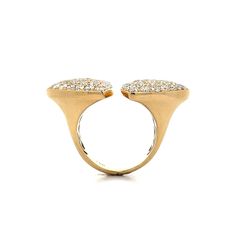 This modern open bypass cocktail ring is a true statement piece, centered around a pave of brilliant 3.25 carat round diamonds with VS2 clarity and F-G color. Its radiant sparkle is amplified by triangular shapes, adding extra shimmer. Crafted in 18 karat yellow gold, this ring's unique bypass design brings a fresh twist, making it a bold choice for those who appreciate standout style. Whether worn for an evening out or to elevate your everyday look, this ring commands attention with its chic, c Modern Diamond Bypass Open Ring, Modern Diamond Pave Setting Open Ring, Modern Diamond Ring With Pave Setting In Open Style, Modern Diamond Open Ring With Pave Setting, Modern Open Diamond Ring With Pave Setting, Modern Diamond Ring For Party, Modern Diamond Ring With Pave Setting, Engagement Ring Style Guide, Ring Style Guide