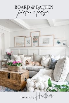 a living room filled with lots of furniture and pictures on the wall above it's couch