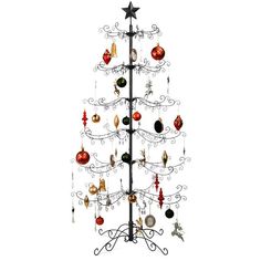 a metal christmas tree with ornaments hanging from it's sides and stars on the top