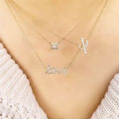 A haloed baguette, a cute cactus and an expression of love make this combination of necklaces a sure-fire winner. Script Necklace, Bella Cullen, Pave Necklace, Cute Cactus, Sweet Necklace, Halo Necklace, 14k Gold Necklace