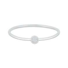 This beautiful bangle bracelet for her adds a touch of sparkle to her wrist and can be layered with other bracelets or worn alone. The sterling silver bangle features an open circle at one end and a solid circle at the other, each embellished with shimmering diamond accents. Modern Stackable Round Diamond Bracelet, Silver Diamond Stackable Bracelet, Stackable Silver Diamond Bracelet, Minimalist White Gold Round Cuff Bracelet, Bracelet For Her, Sterling Silver Bangle, Kay Jewelers, White Bracelets, Circle Diamond