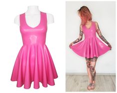 "* yellow is currently out of stock * !! Please read BEFORE ordering !! Latex mini skater dress with v-neckline Made from 0.4mm latex and shown here in bubblegum pink The dress has a full circle skirt. Skirt length, measured from the waist, is between 39cm/15\"(size XS) and 34,5cm/13,5\" (size 3XL). This is the maximum length for a 3XL, i can not make it any longer. The dress is pull only Available in different colors in sizes XS to 3XL This skirt can not be adjusted to a larger waist size, size Pink Latex Skater Pleated High Neck, Pink Latex Skater Pleated, Pink Vinyl Dress, Hot Pink Latex Dress, Pink Latex Dress, Pink Latex, Vinyl Dress, Full Circle Skirt, Couple Games