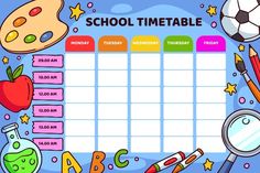 a school timetable with various items on it