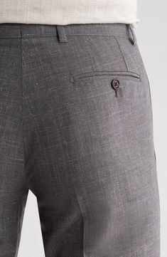 A blend of wool, silk and linen brings polish and comfort to flat-front dress pants styled with slightly relaxed construction and crisp creases down the legs. 14 1/2" leg opening; 9 1/4" front rise; 16" back rise (size 36) Zip fly with button-tab closure Front slant pockets; back button-welt pockets Unhemmed 70% wool, 20% silk, 10% linen Dry clean Made in Italy Elegant Tailored Linen Dress Pants, Formal Linen Dress Pants With Straight Fit, Formal Linen Dress Pants, Straight Cut, Tailored Linen Dress Pants For Formal Occasions, Classic Linen Dress Pants For Business, Classic Semi-formal Linen Bottoms, Classic Semi-formal Linen Dress Pants, Formal Linen Straight Dress Pants, Classic Linen Dress Pants For Semi-formal Occasions