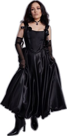 Elegant Black Boned Corset Dress, Elegant Black Corset Dress With Boning, Black Corset Dress With Boning, Black Corset Dress With Boning And Fitted Bodice, Satin Corset Back Evening Dress, Satin Corset Back Dress For Evening, Elegant Corset Dress With Boning For Costume, Strapless Satin Corset Dress For Costume Party, Evening Underbust Corset Dress With Boning