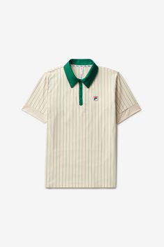 a polo shirt with a green collar and white stripes on the chest, in front of a