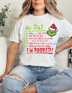 This "My Day" Grinch T-Shirt is great for Christmas or any time of the year for all of the Grinch lovers. It is featured on a super soft Comfort Colors Brand unisex shirt in (White, Pepper, or Black) or on a Gildan Softstyle in (Dark Heather Grey, White, or Black) color. Christmas Shirt Ideas Grinch, Cute Grinch Shirts, Grinch Shirts Vinyl, Grinch Shirt Ideas, Diy Grinch Shirt, Grinch Outfit, Cub Scout Crafts, Grinch T Shirt, Grinch Shirt