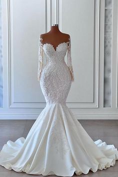 Gorgeous Long Sleeves White Mermaid Bridal Dress Sweetheart Graden Wedding Dresses Sleeves Mermaid Wedding Dress, Wedding Dress With Applique, Mermaid Wedding Dress With Sleeves, Dress With Applique, Long Sleeve Mermaid Wedding Dress, Wedding Dresses Mermaid Sweetheart, Stylish Gown, Dreamy Wedding Dress, Mermaid Sweetheart