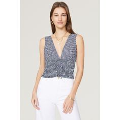 Blue gingham cotton (100% Cotton). Top. Sleeveless. V-neck. Pull on. 18" from shoulder to hemline. Made in the USA of imported fabric. Summer Sleeveless Gingham Top, Cotton V-neck Tops For Picnic, Gingham V-neck Tops For Spring, Spring Gingham V-neck Top, Summer V-neck Top For Picnic, Summer Gingham V-neck Top, Summer Cotton Gingham Tank Top, Cotton Gingham Tank Top For Summer, Gingham Cotton Tank Top For Summer