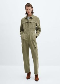 Denim cargo jumpsuit - Women | Mango USA Jumpsuit Mango, Cargo Jumpsuit, Moda Denim, Denim Cargo, Fitted Turtleneck, Boiler Suit, Jeans Cargo, Suede Dress, One Piece Suit