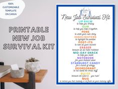 the printable new job survival kit is on display