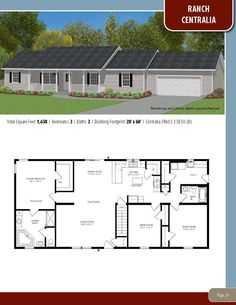 the ranch floor plan is shown with two garages and one living room in it