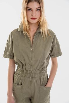 Miami Sage Poplin Cotton Jumpsuit – overlover.com Spring Cargo Style Fitted Jumpsuits And Rompers, Cargo Style Jumpsuits And Rompers For Spring, Fitted Cargo Style Jumpsuits And Rompers For Spring, Fitted Cargo Style Jumpsuits For Spring, Casual Cargo Jumpsuits And Rompers For Work, Casual Jumpsuits And Rompers With Zipper, Sage Jumpsuit, Cotton Jumpsuit, Perfect Wardrobe