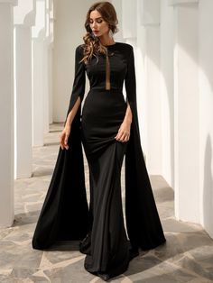 Missord Split Sleeve Mesh Insert Maxi Prom Dress | SHEIN USA Black Formal Gown, Bold Women, Floor Length Maxi Dress, Long Sleeve Gown, Maxi Dress Prom, Extra Long Sleeves, Looks Street Style, Black Gown