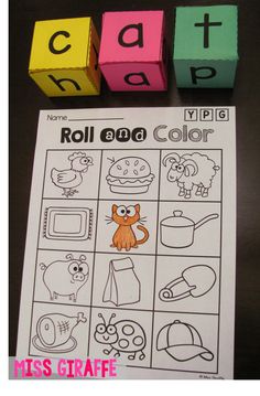 the word roll and color is shown next to blocks with letters that spell out cat