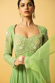 Mint green padded anarkali with floral sequin and bead embroidered patterns on bodice. Comes with dupatta. - Aza Fashions Mint Green Anarkali, Sequin Anarkali, Off Shoulder Lehenga, Royal Blue Lehenga, Anarkali With Dupatta, Green Anarkali, Raw Silk Lehenga, Yellow Lehenga, Ivory Blouse