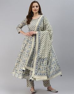 Blue And White Cotton Pant Suit Cotton Anarkali Suits, Cotton Anarkali Kurta, Floral Anarkali, Gota Patti Work, Ethnic Suit, Cotton Anarkali, Salwar Kameez Online, Floral Print Pants, Anarkali Kurta