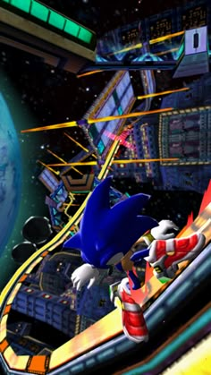 sonic the hedge is riding on a roller coaster