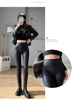 Romildi Women Autumn New Fleece Matte PU Leather Pants Leggings Elasti – Moxge&Romildi High Waist High Stretch Bottoms For Winter, High Waist High Stretch Pants For Winter, High Waist High Stretch Winter Pants, High Waist Non-stretch Winter Pants, Stretch High-waisted Winter Pants, Trendy Stretch Pants For Winter, Trendy High Stretch Leather Pants For Winter, High-cut High Stretch Leggings For Fall, High Stretch High-cut Leggings For Fall