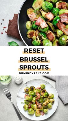 brussel sprouts in a skillet with bacon and green peppers on the side