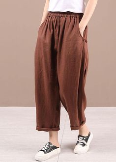 Beautiful Beige Elastic Waist Pockets Pants Trousers Linen - SooLinen Casual Brown Harem Pants With Pockets, Baggy Brown Harem Pants With Pockets, Non-stretch Brown Pants With Side Pockets, Non-stretch Brown Wide Leg Pants With Pockets, Brown Wide Leg Pants With Pockets, Brown Non-stretch Bottoms With Side Pockets, Non-stretch Brown Bottoms With Side Pockets, Comfortable Baggy Solid Color Bottoms, Brown Wide Leg Harem Pants With Side Pockets