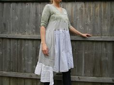 Upcycled Women  Lagenlook Dress Loose Women Top Wearable Art Bohemian Clothing Cottage Shabby Chic  Medium  Dress  Martinisq Sage Green Tie, Lagenlook Dress, Funky Shirts, Cottage Shabby Chic, Bohemian Clothing, Loose Top, Green Tie, Medium Dress, Sleeve Women