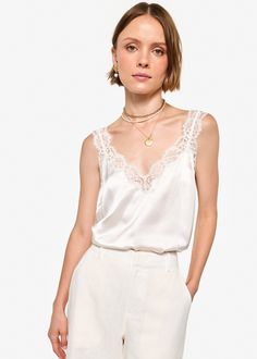 V-neckline, featuring sheer embroidery edge lace, which continues up the straps Bra-friendly Slits at side seam Unlined Sheer Embroidery, Embroidery Edge, Cami Nyc, Bra Straps, Macadamia, Fabric Care, Embroidery, Bra, Wardrobe