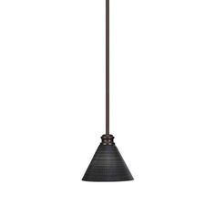 a single light hanging from the ceiling in an old - fashioned bronze finish with a black glass shade