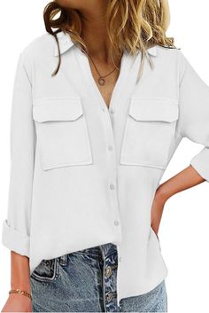 White Turn-down Collar Pocketed Button Shirt White Button Closure Shirt For Fall, White Long Sleeve Shirt With Buttoned Pockets, White Shirt With Buttoned Pockets For Spring, White Long Sleeve Tops With Buttoned Pockets, White Buttoned Pockets Tops For Fall, White Tops With Buttoned Pockets For Fall, White Fall Tops With Buttoned Pockets, White Tops With Roll-up Sleeves For Fall, White Top With Roll-up Sleeves For Fall