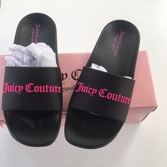 Juicy Couture Black And Pink Slides Size 9 M. These Are So Cute . I Just Have To Many Pairs Of Shoes And Am Parting With A Few Pairs. Perfect For Summer Weather. Mcbling Shoes, Pink Slides, Juicy Couture Shoes, Pretty Pens, Latina Fashion Outfits, Twinkle Toes, Couture Shoes, Juicy Couture Black, Summer Weather