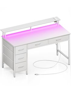 a white desk with pink lights on top and drawers underneath it, in front of a white background