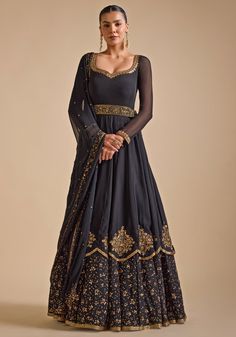 Black Embroidered Anarkali Gown Prevasu - Fabilicious Fashion Anarkali Bridesmaid Indian Outfits, Heavy Embroidery Anarkali Suits, Long Dresses Indian Style Anarkali Suits, Black Anarkali Dress Party Wear, Long Anarkali Gown Indian, Black Traditional Dress, Black Indian Gown, Cocktail Party Outfit Indian, Gaun Design Dresses Indian