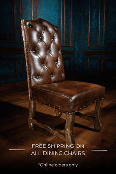 a brown leather chair with the text free shipping on all dining chairs