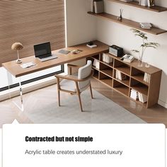 a computer desk with a laptop on top of it next to a book shelf filled with books