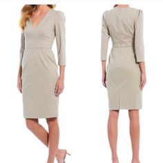 Antonio Melani Ginger Pleated V-Neck Dress Size 10 Length:42 Fitted V-neck Work Dresses, Elegant Fitted Dress With Split Neck, Beige V-neck Semi-formal Dress, Semi-formal Beige V-neck Dress, Fitted V-neck Dress With Notched Neckline For Fall, Beige V-neck Dress For Work, Fitted V-neck Maxi Dress For Work, Beige V-neck Office Dresses, Classic Fitted V-neck Spring Dress