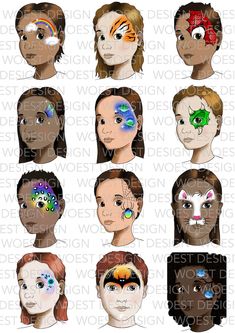 Fast Designs / Line Buster Set DIGITAL DOWNLOAD Face Paint Design Board - Etsy Crayon Face Painting, Quick Easy Face Painting, One Eye Face Paint Designs, Simple Kids Face Paint, Fast Face Painting Designs, Tiger Face Paint Easy, Fall Face Paint, Crown Face Paint, Kids Face Painting Easy