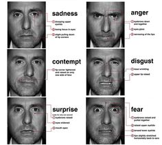 an image of different facial expressions in the same person's face, with words describing them