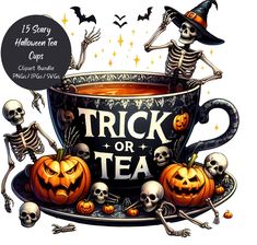 a tea cup with skeletons and pumpkins in it is surrounded by halloween themed items