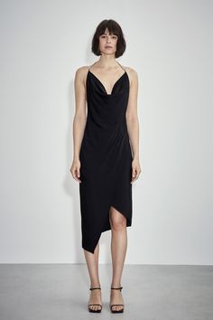 Elegant Slip Dress With Asymmetrical Neckline For Date Night, Elegant Slip Dress For Date Night With Asymmetrical Neckline, Pre-draped Knee-length Evening Midi Dress, Fitted Draped Slip Dress For Gala, Elegant Draped Cocktail Slip Dress, Pre-draped Slip Dress For Party, Formal Fitted Draped Slip Dress, Sleek Midi Dress With Asymmetrical Neckline For Party, Sleek Ruched Bodycon Dress For Evening