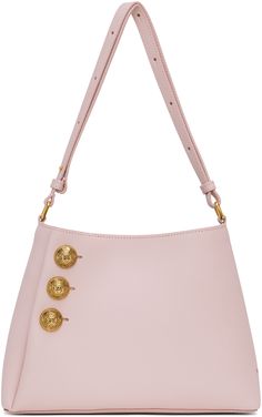 Pebble grained calfskin shoulder bag in pink. · Adjustable shoulder strap · Logo hardware and folded detailing at face · Gold-tone logo stamp at side · Magnetic press-stud closure · Zip pocket at interior · Suede lining · Logo-engraved antiqued gold-tone hardware · H8 x W11  x D2.75 Supplier color: Rose clair Pink Shoulder Bag With Logo Hardware For Everyday Use, Designer Pink Shoulder Bag With Logo Hardware, Pink Leather Bag With Logo Hardware, Pink Top Handle Shoulder Bag With Logo Hardware, Pink Formal Bag With Logo Hardware, Formal Pink Bag With Logo Hardware, Pink Shoulder Bag With Logo Hardware, Balmain Bag, Logo Stamp