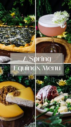 four different types of desserts with the words spring equinnox menu