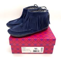 Brand New Tory Burch Collins Fringe Moccasins~ Split Suede~Navy Blue~Size 9~Crafted From Suede And Leather~Fringe Detail~Leather Lace Ties~Leather Tory Burch Logo~Nickle Hardware~Dyed Shearling Lined~Hand Stitched Leather Soles~Rubber Heel Bumper And Soles~Round Toes~Outer Length From Heel To Toe Is Approx 11" Long~Comes Packaged In Original Box~Stored Away And Never Worn~Style #32148419 Blue Leather Sole Slip-on Moccasins, Blue Leather Loafers For Fall, Blue Flat Loafers For Fall, Blue Slip-on Moccasins With Textured Sole, Blue Suede Moccasins With Rubber Sole, Blue Casual Moccasins With Rubber Sole, Casual Blue Slip-on Moccasins, Casual Blue Flat Moccasins, Navy Loafers With Stitched Sole And Round Toe