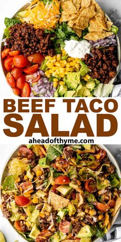 beef taco salad with lettuce, tomatoes and corn