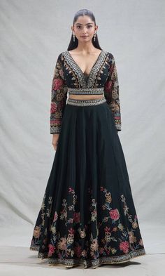 Black attached cancan lehenga with all over flower garden embroidery. Paired with a padded blouse with floral, geometric, beads embroidery and dupatta with embroidered border and belt. - Aza Fashions Flower Garden Embroidery, Cape Lehenga, All Over Flower, Cancan Lehenga, Kurta Lehenga, Lehenga Pattern, Neck Flower, Garden Embroidery, Beads Embroidery